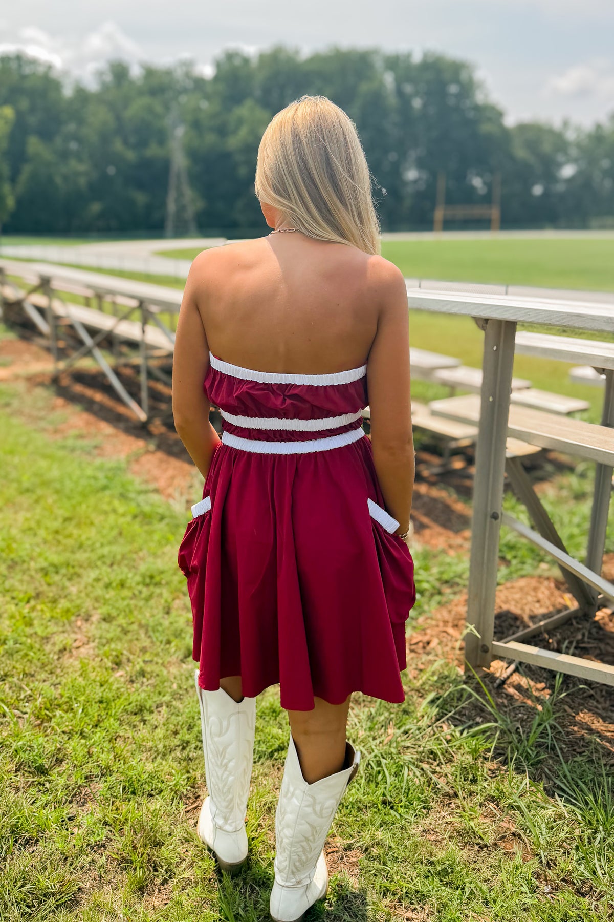 First Down Strapless Game Day Dress - GARNET