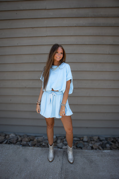 Crystal Waters Pearl & Bubble Hem 2-Piece Skirt Set - Sky Blue