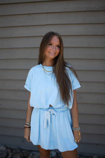 Crystal Waters Pearl & Bubble Hem 2-Piece Skirt Set - Sky Blue