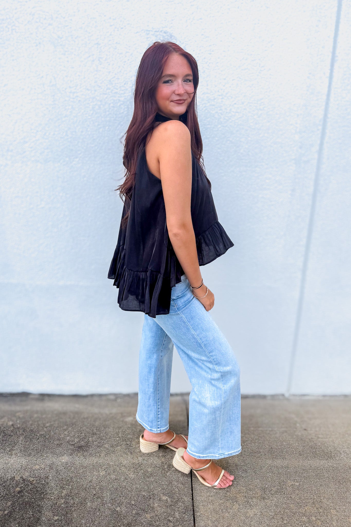 Midnight Tiered Ruffle Halter Top