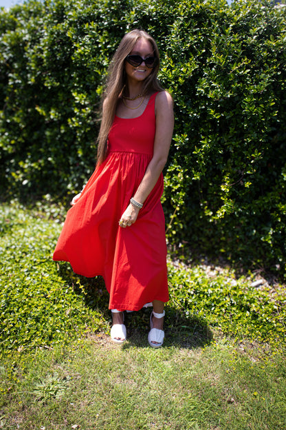 Red Roses Smocked Midi Dress