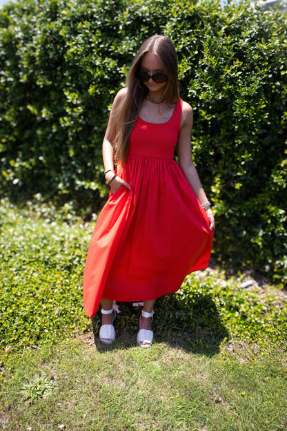 Red Roses Smocked Midi Dress
