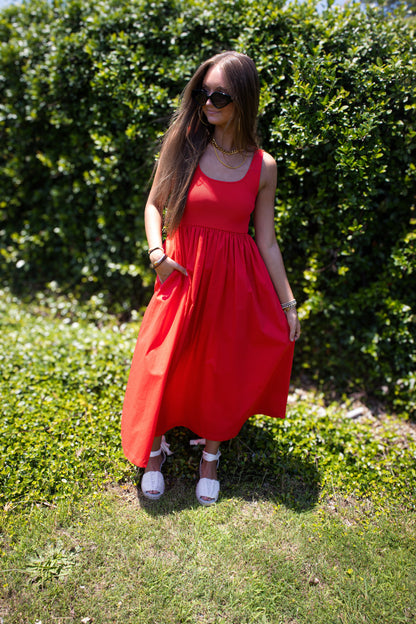 Red Roses Smocked Midi Dress