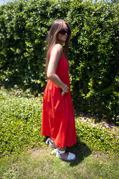 Red Roses Smocked Midi Dress