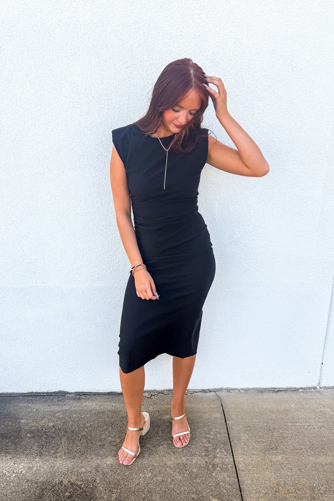 Power Move Ruched Shoulder Pad Midi Dress