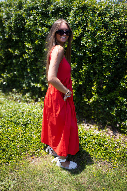 Red Roses Smocked Midi Dress