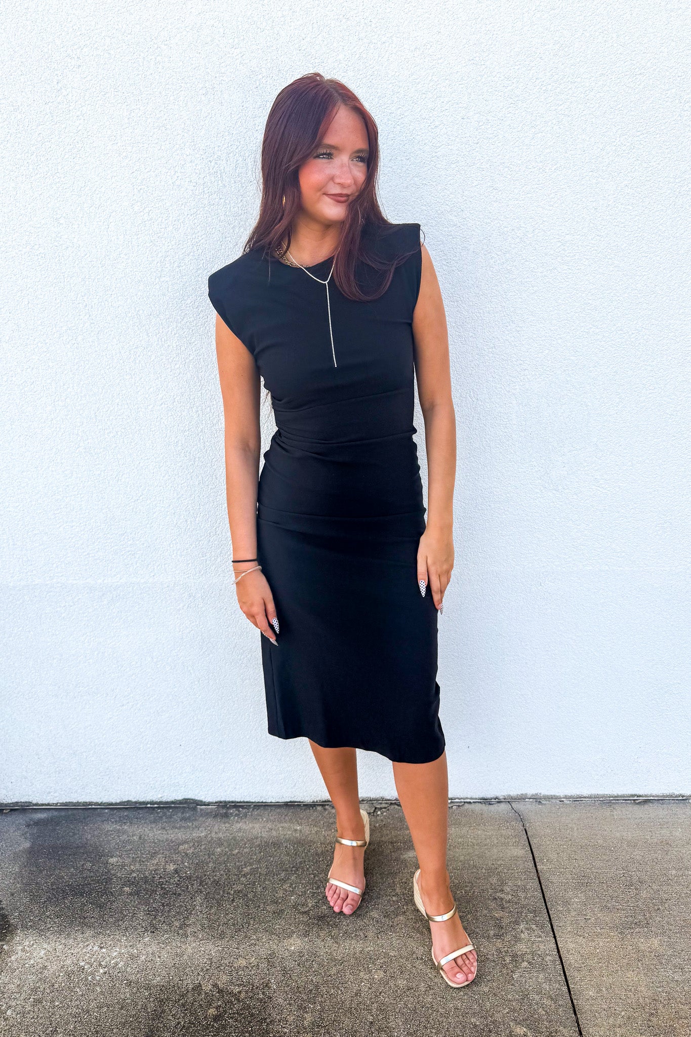 Power Move Ruched Shoulder Pad Midi Dress
