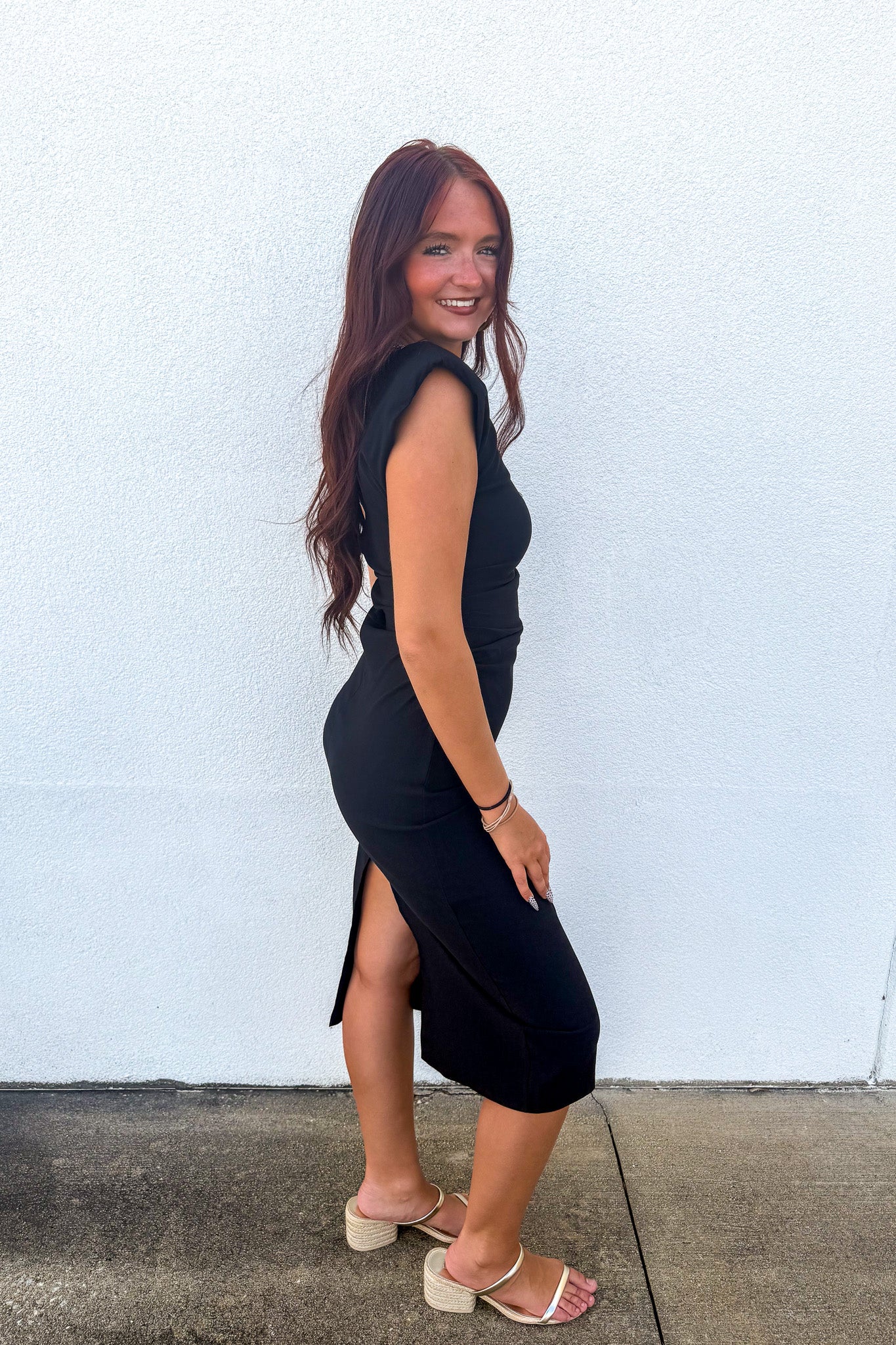 Power Move Ruched Shoulder Pad Midi Dress