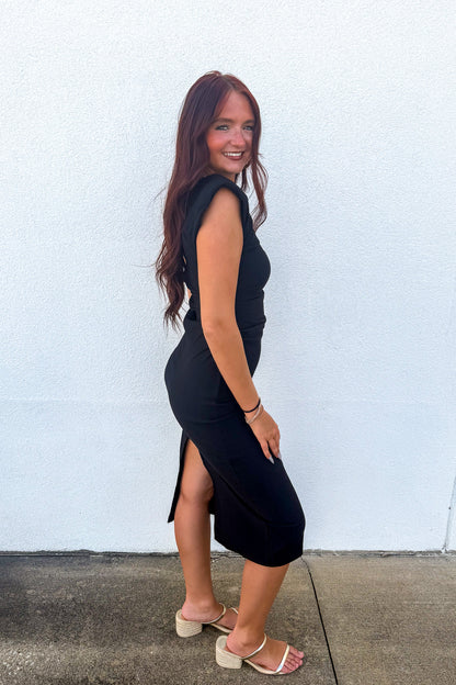 Power Move Ruched Shoulder Pad Midi Dress