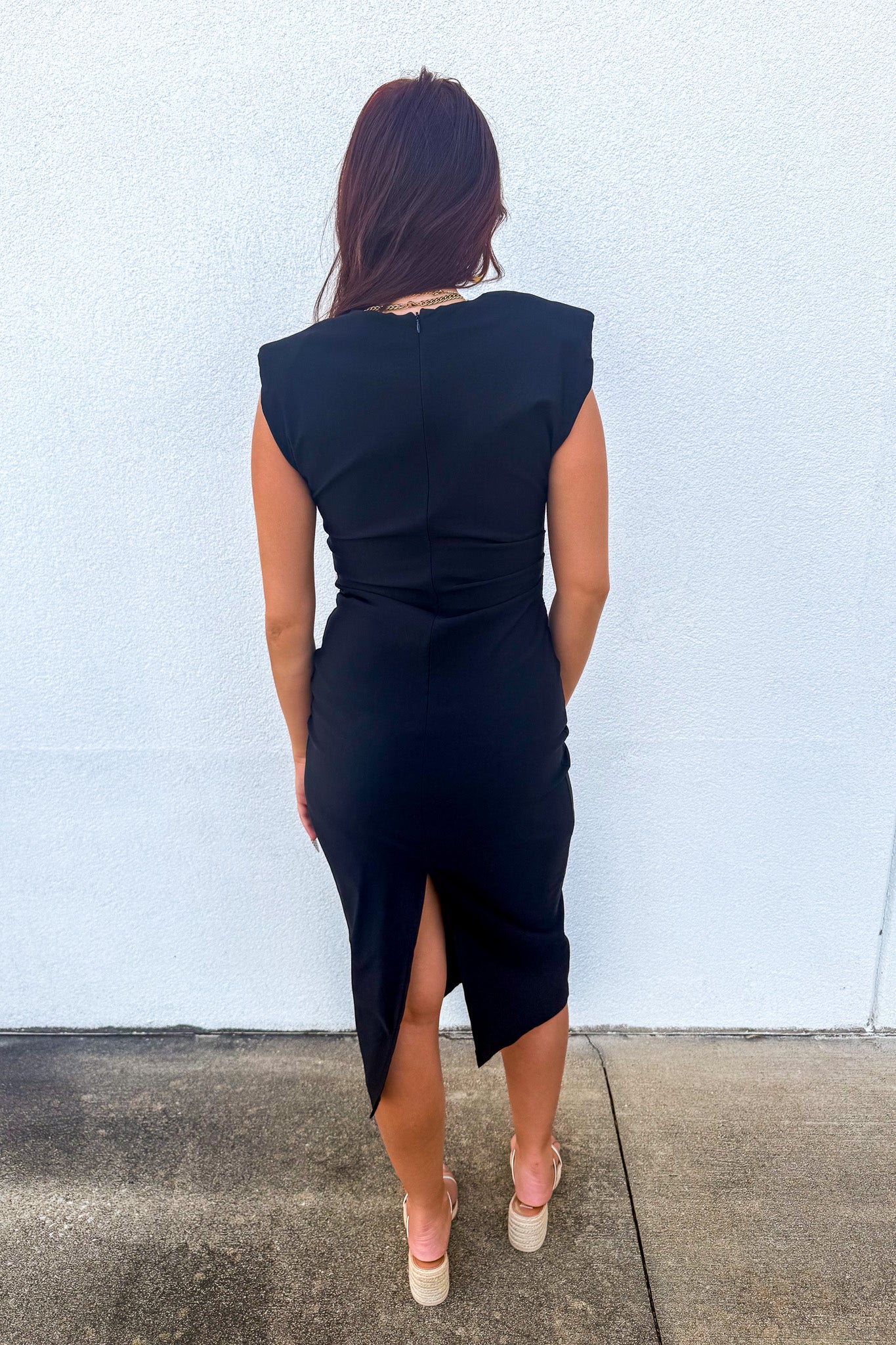 Power Move Ruched Shoulder Pad Midi Dress