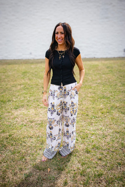 Gilded Garden High-Waisted Wide Leg Palazzo Pants