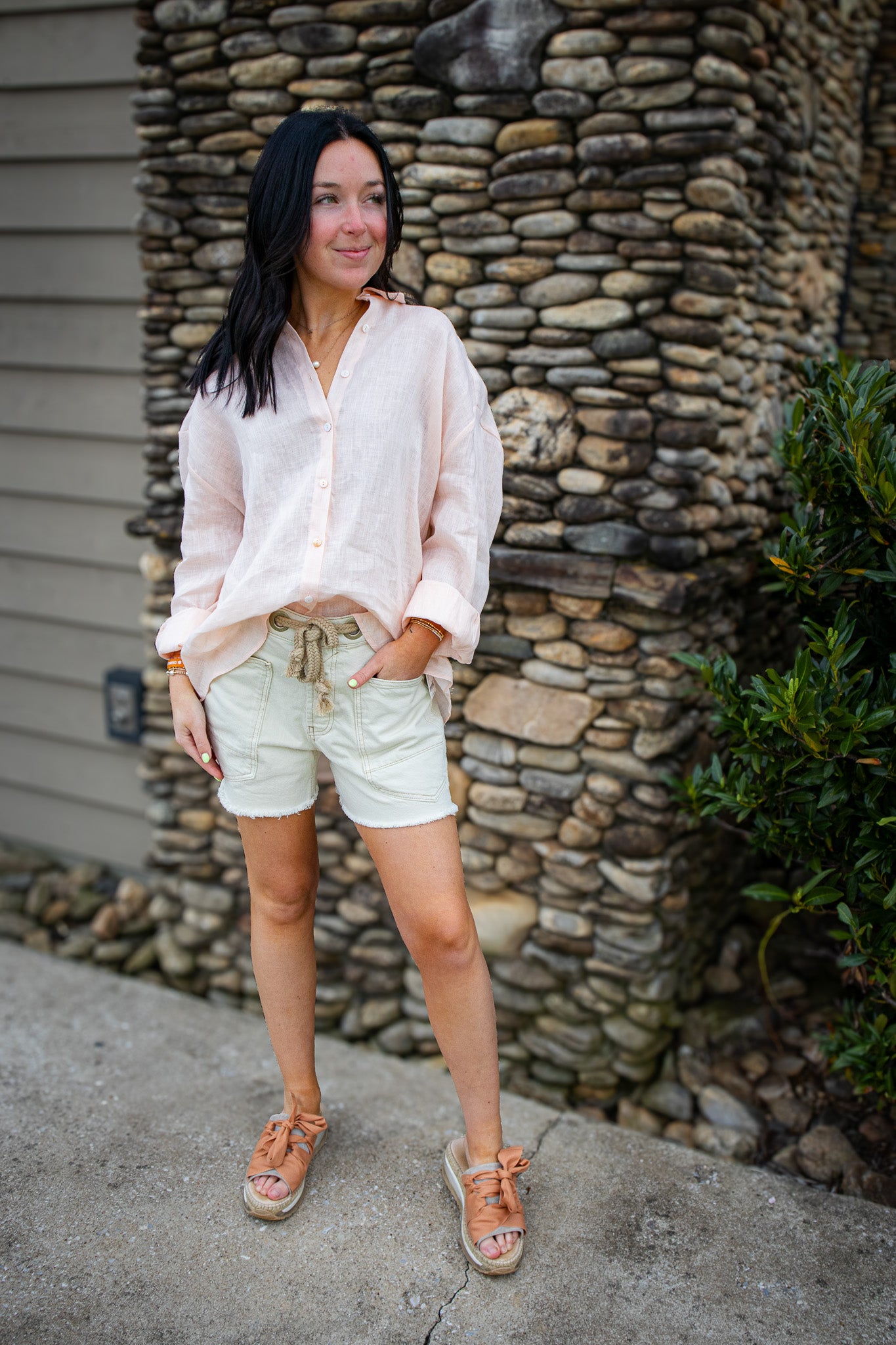 Light Peach Linen Button Down Top