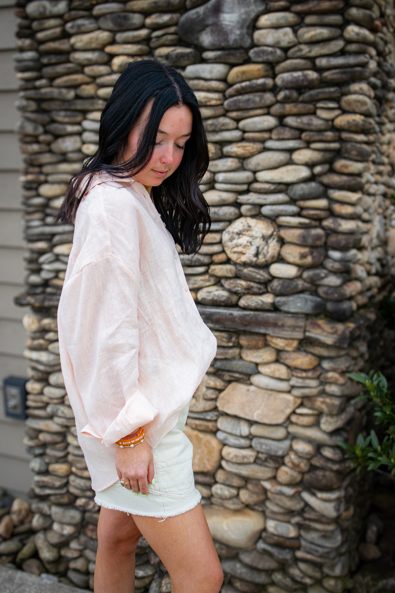 Light Peach Linen Button Down Top