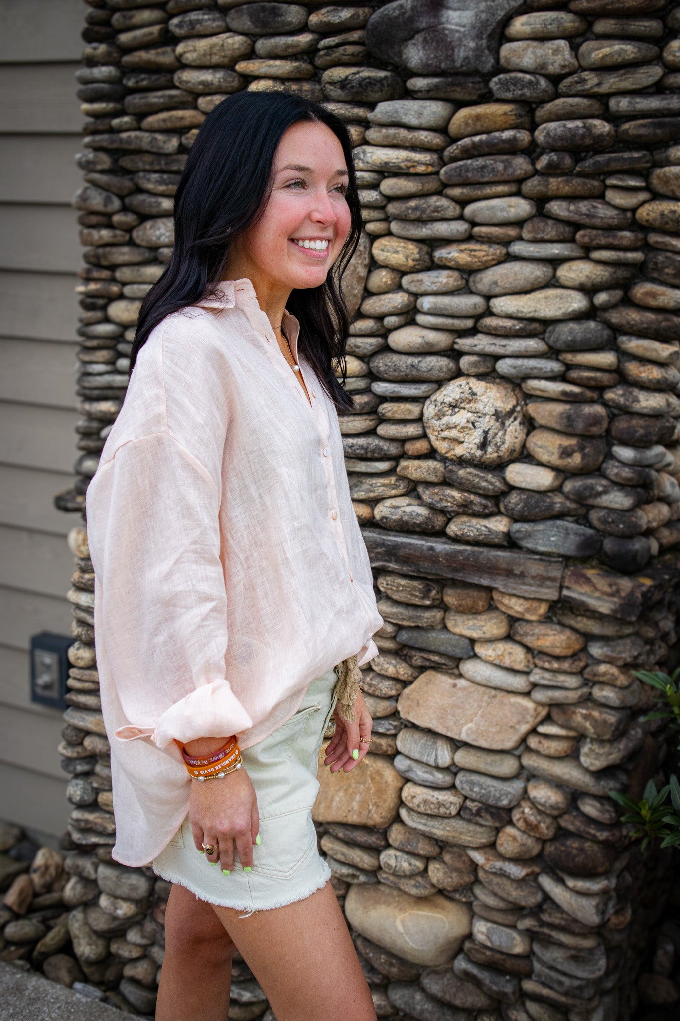 Light Peach Linen Button Down Top