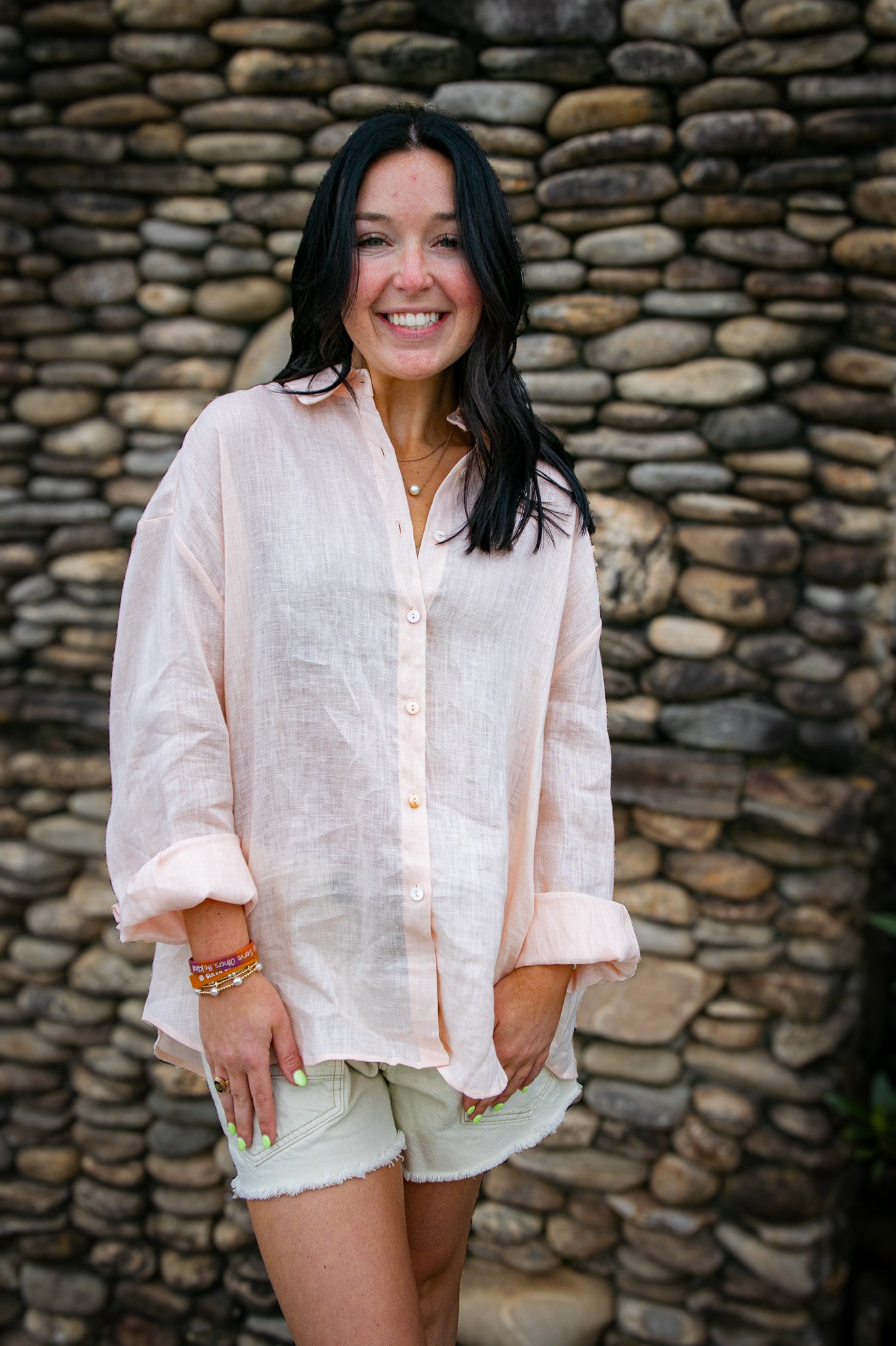 Light Peach Linen Button Down Top