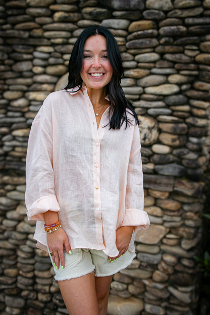 Light Peach Linen Button Down Top
