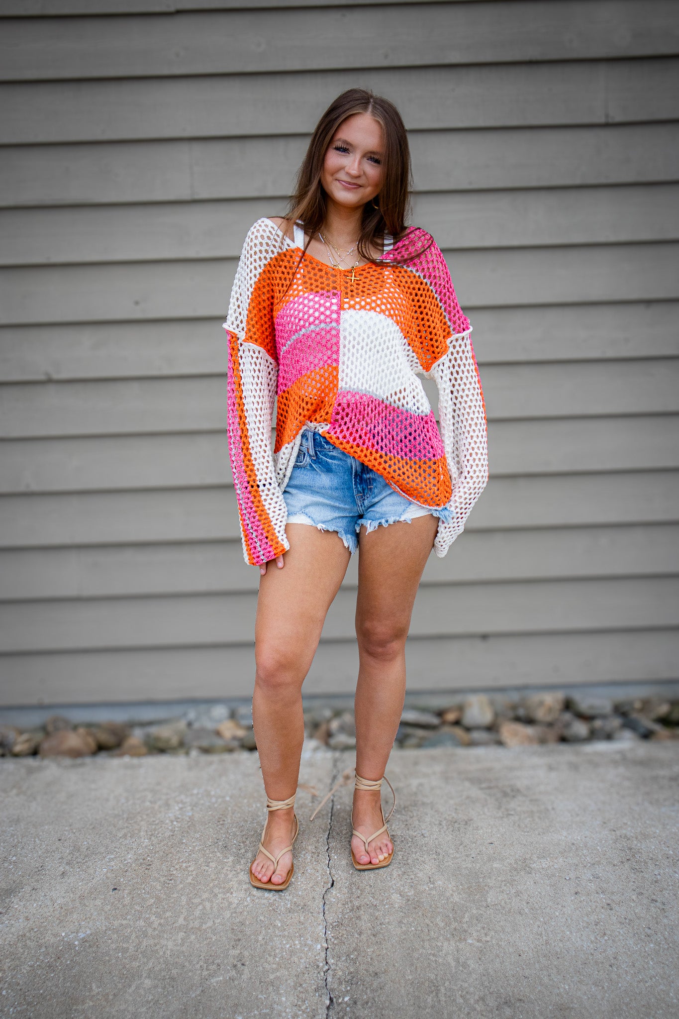 Paradise Pink & Orange Color Block Crochet Top