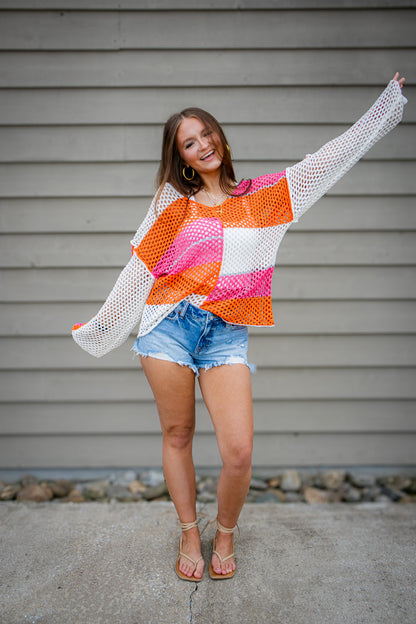 Paradise Pink & Orange Color Block Crochet Top