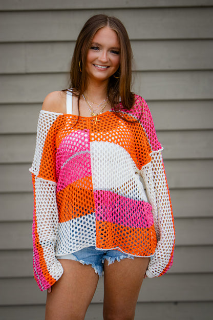 Paradise Pink & Orange Color Block Crochet Top