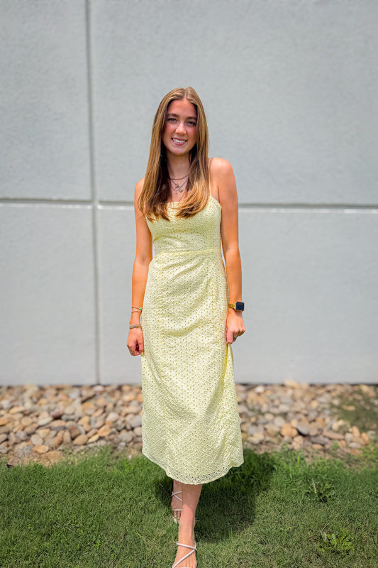 Butter Yellow Eyelet Bow Back Midi Dress