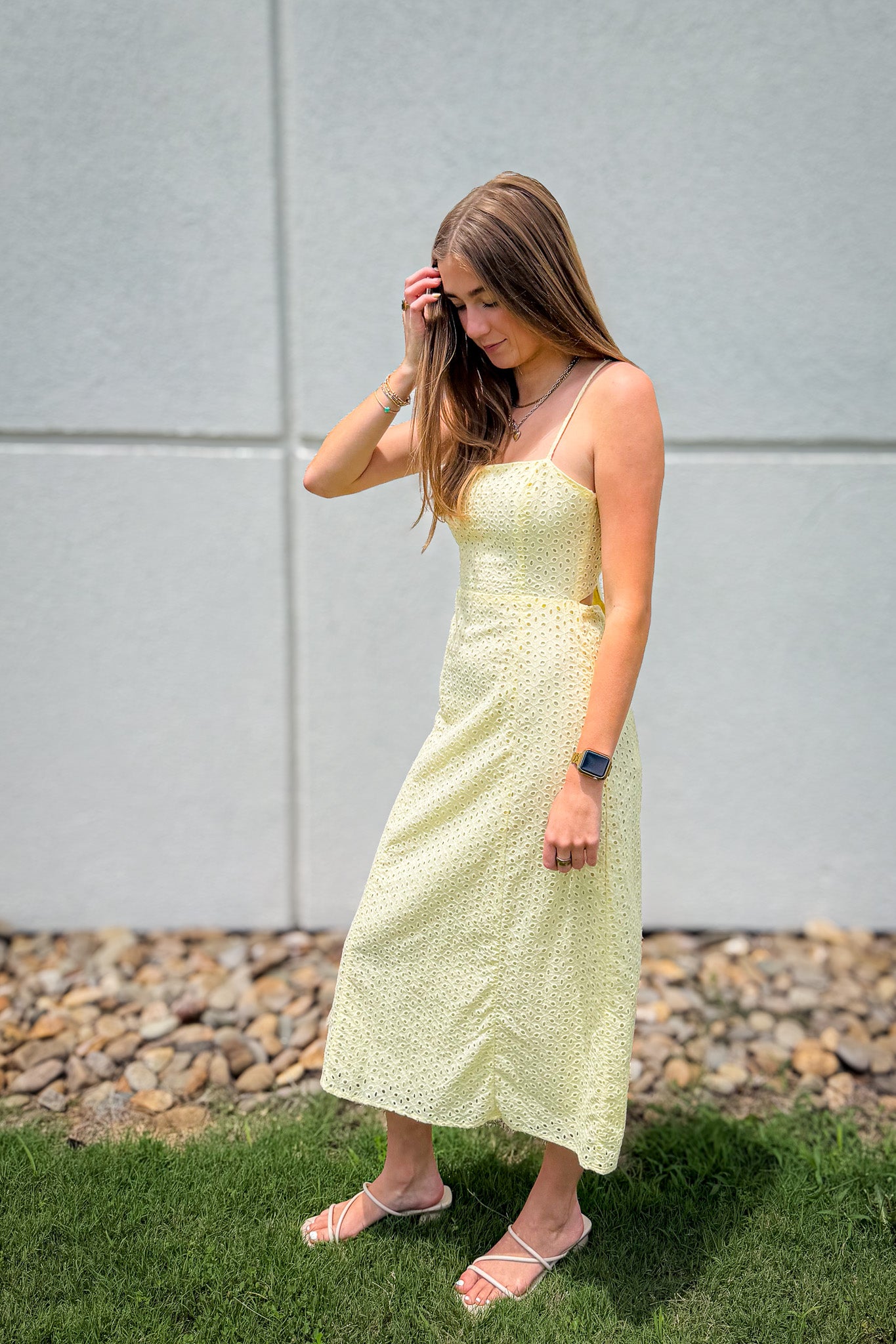 Butter Yellow Eyelet Bow Back Midi Dress