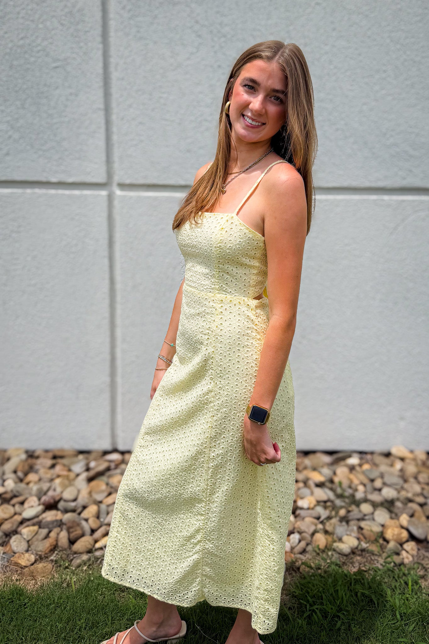 Butter Yellow Eyelet Bow Back Midi Dress
