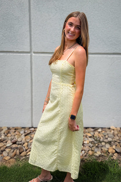 Butter Yellow Eyelet Bow Back Midi Dress