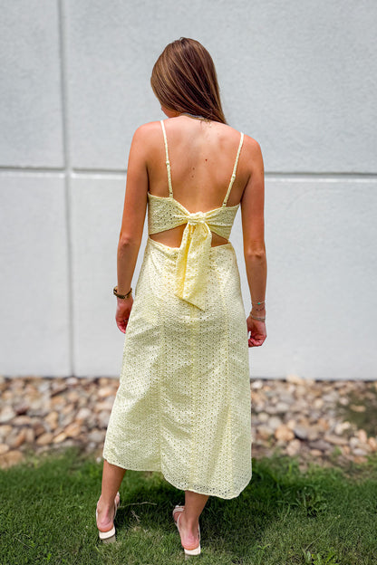 Butter Yellow Eyelet Bow Back Midi Dress