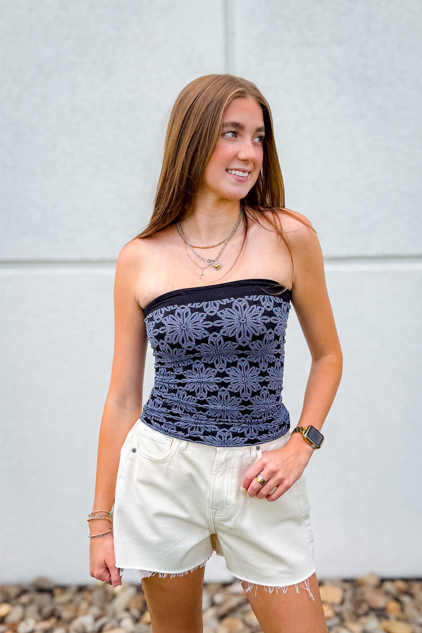 Love Notes Floral Knit Tube Top- BLACK