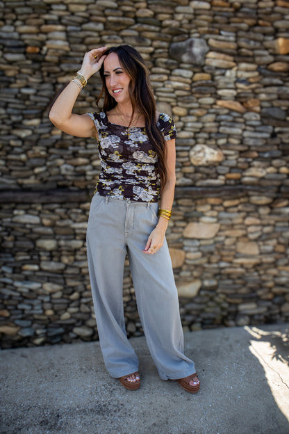 Fall Florals Mesh Cinched Top