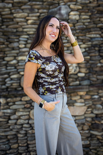 Fall Florals Mesh Cinched Top