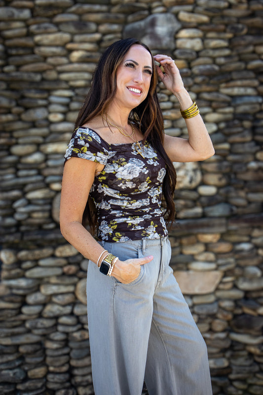 Fall Florals Mesh Cinched Top