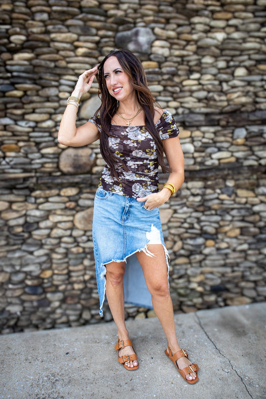 Hidden - Peyton Light Wash Heavy Distressed Midi Skirt