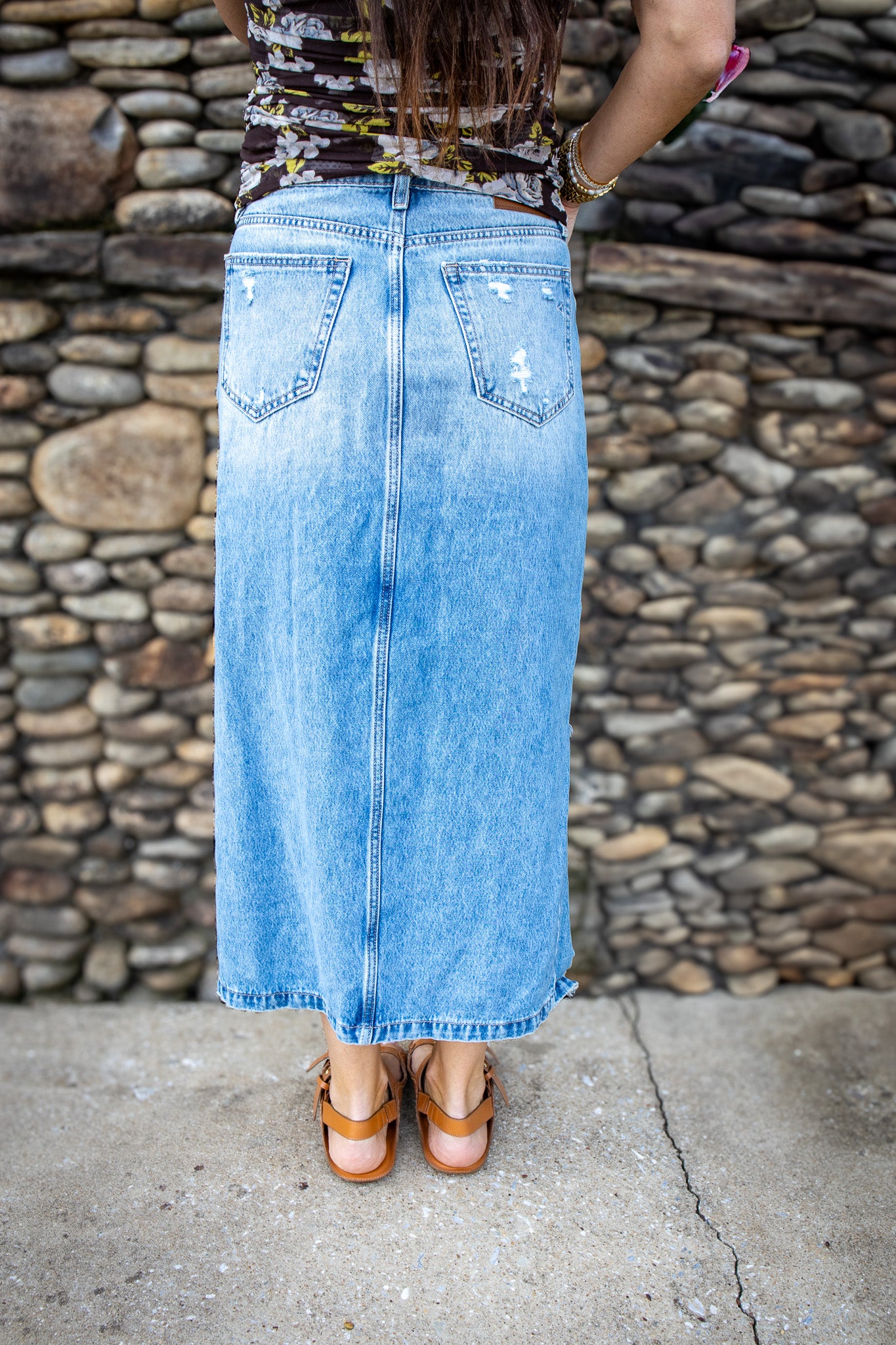 Hidden - Peyton Light Wash Heavy Distressed Midi Skirt