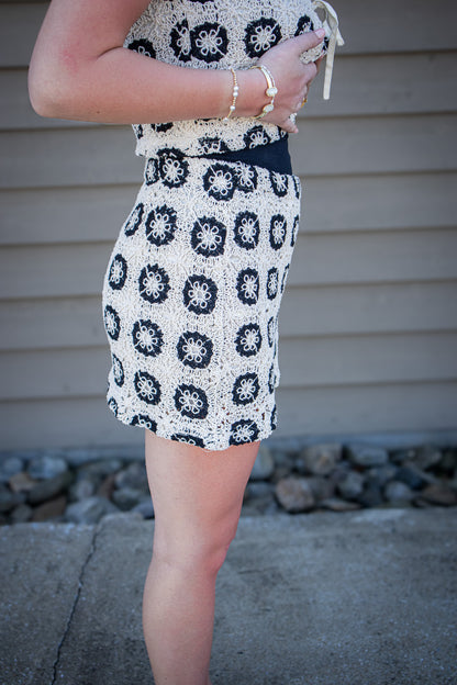 Crochet Blooms Mini Skirt - CREAM/BLACK