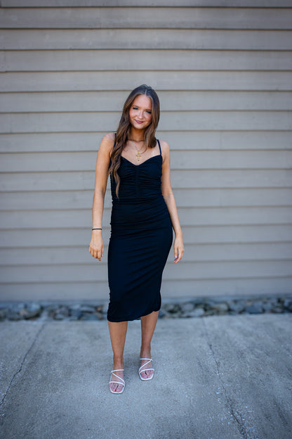Sculpted Black Ruched Bodycon Midi Dress