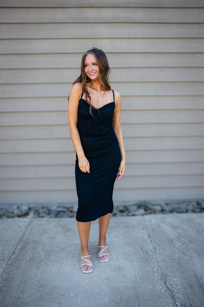 Sculpted Black Ruched Bodycon Midi Dress