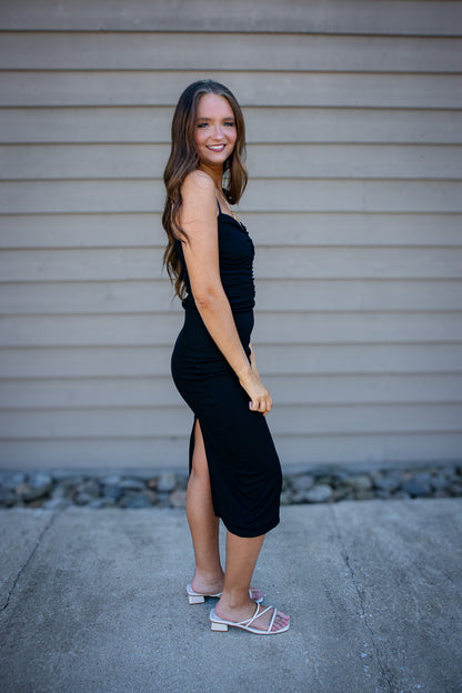 Sculpted Black Ruched Bodycon Midi Dress