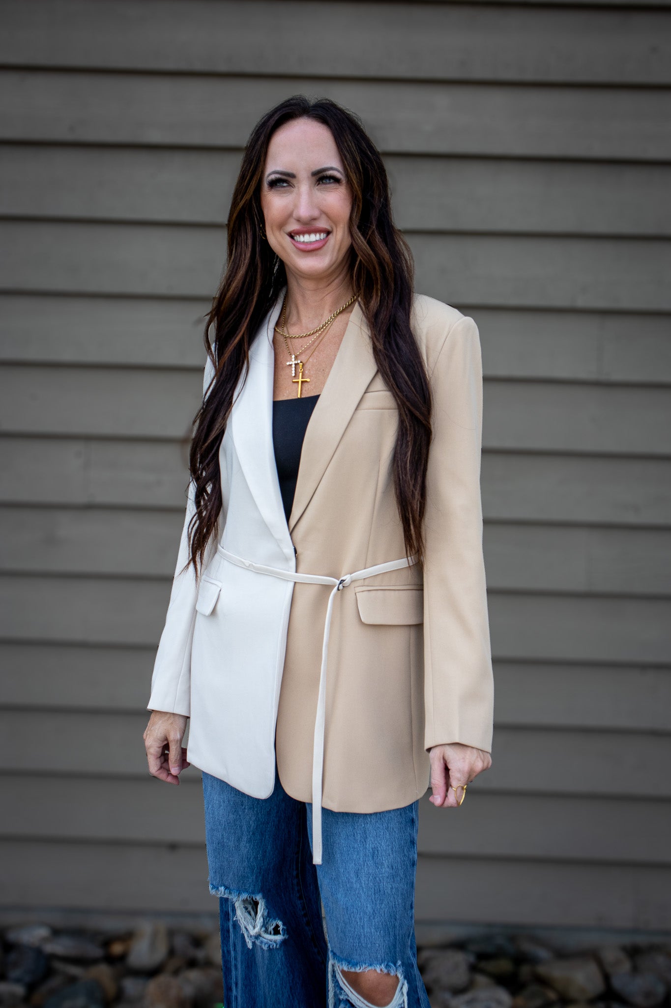 Two Tone Tan Color Block Blazer