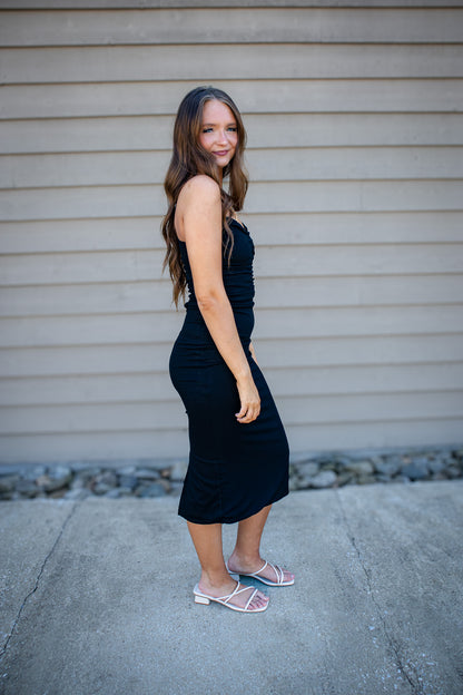 Sculpted Black Ruched Bodycon Midi Dress