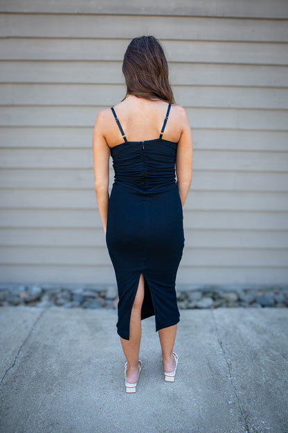 Sculpted Black Ruched Bodycon Midi Dress