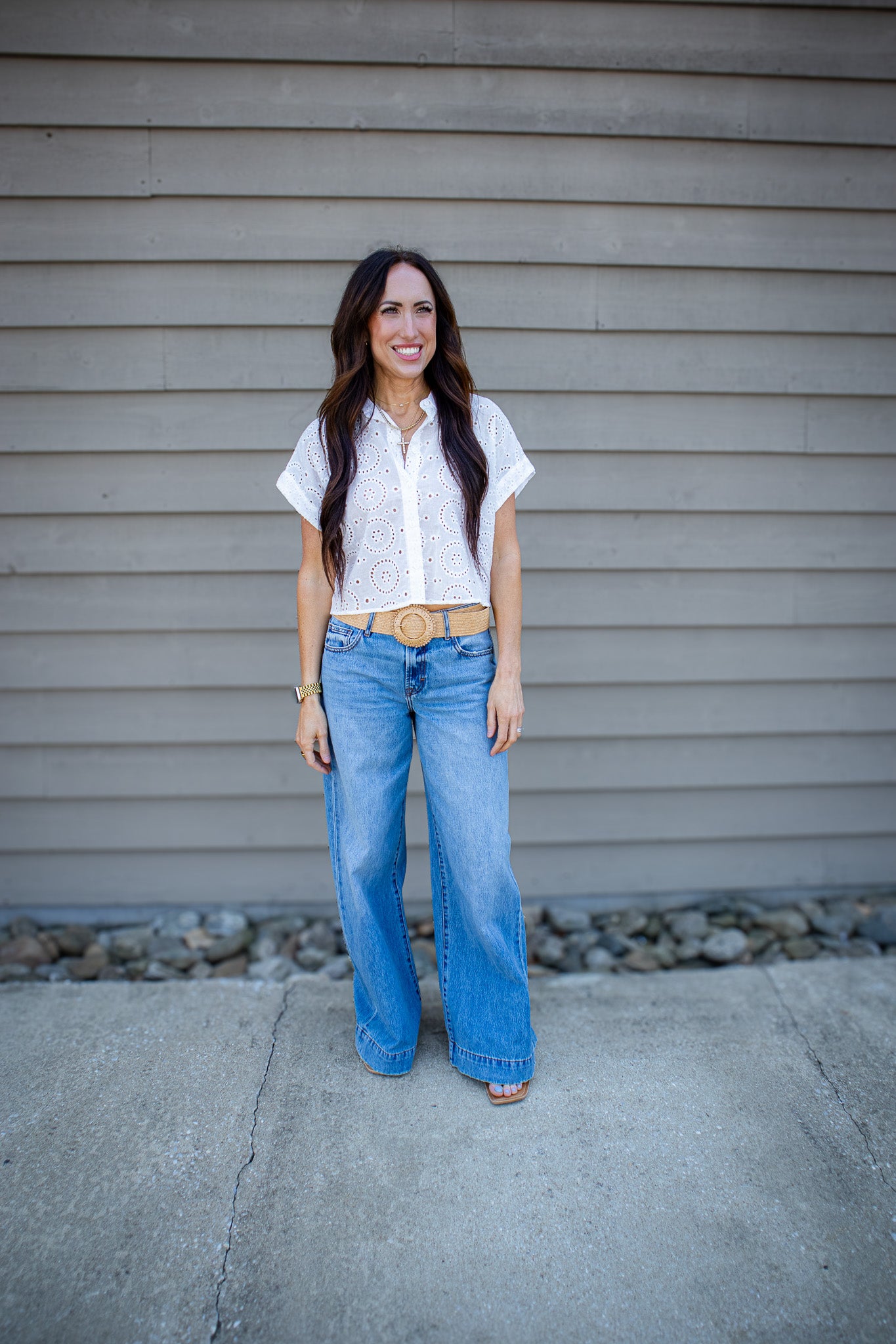 White Eyelet Button Down Top