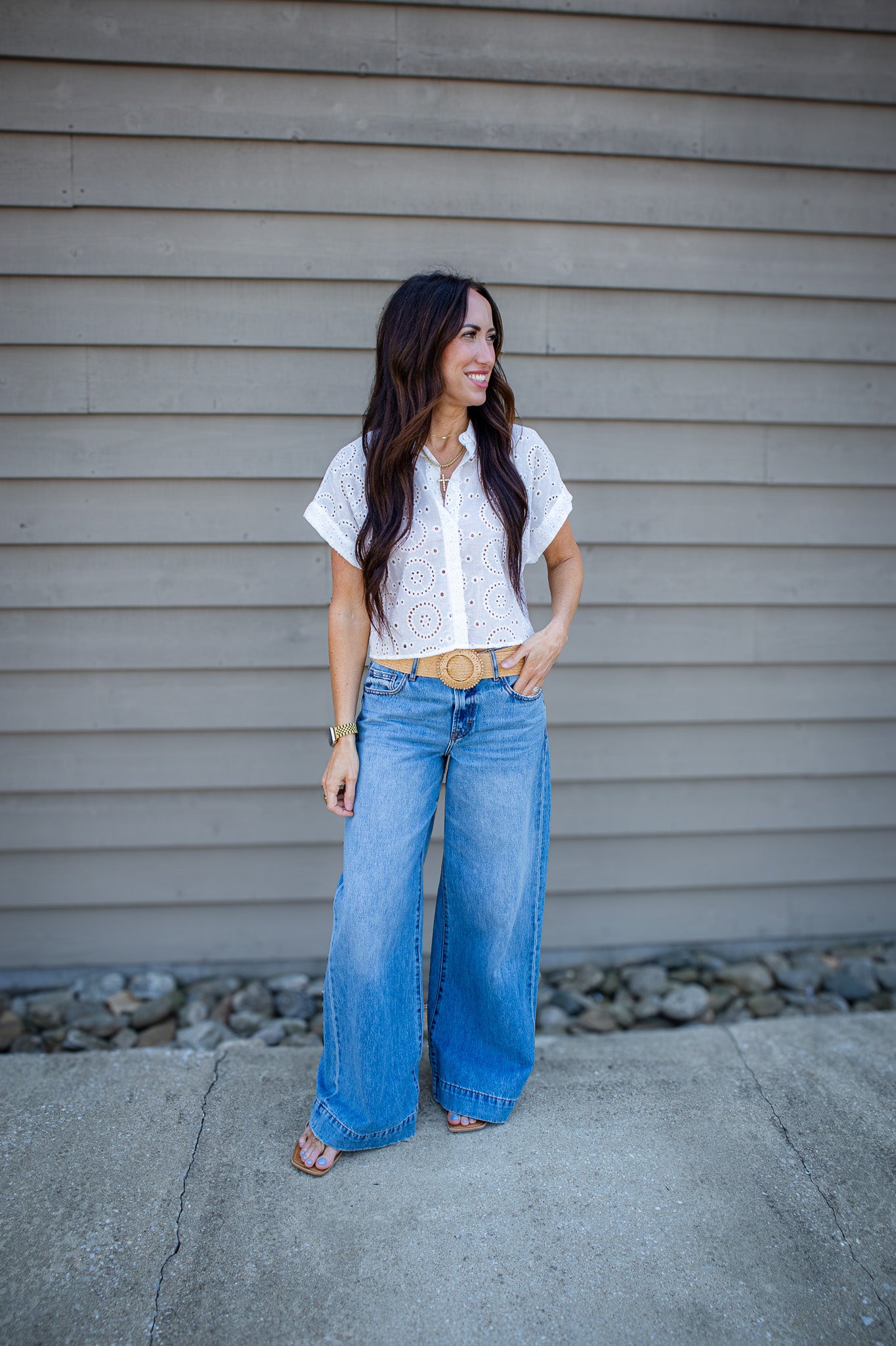 White Eyelet Button Down Top