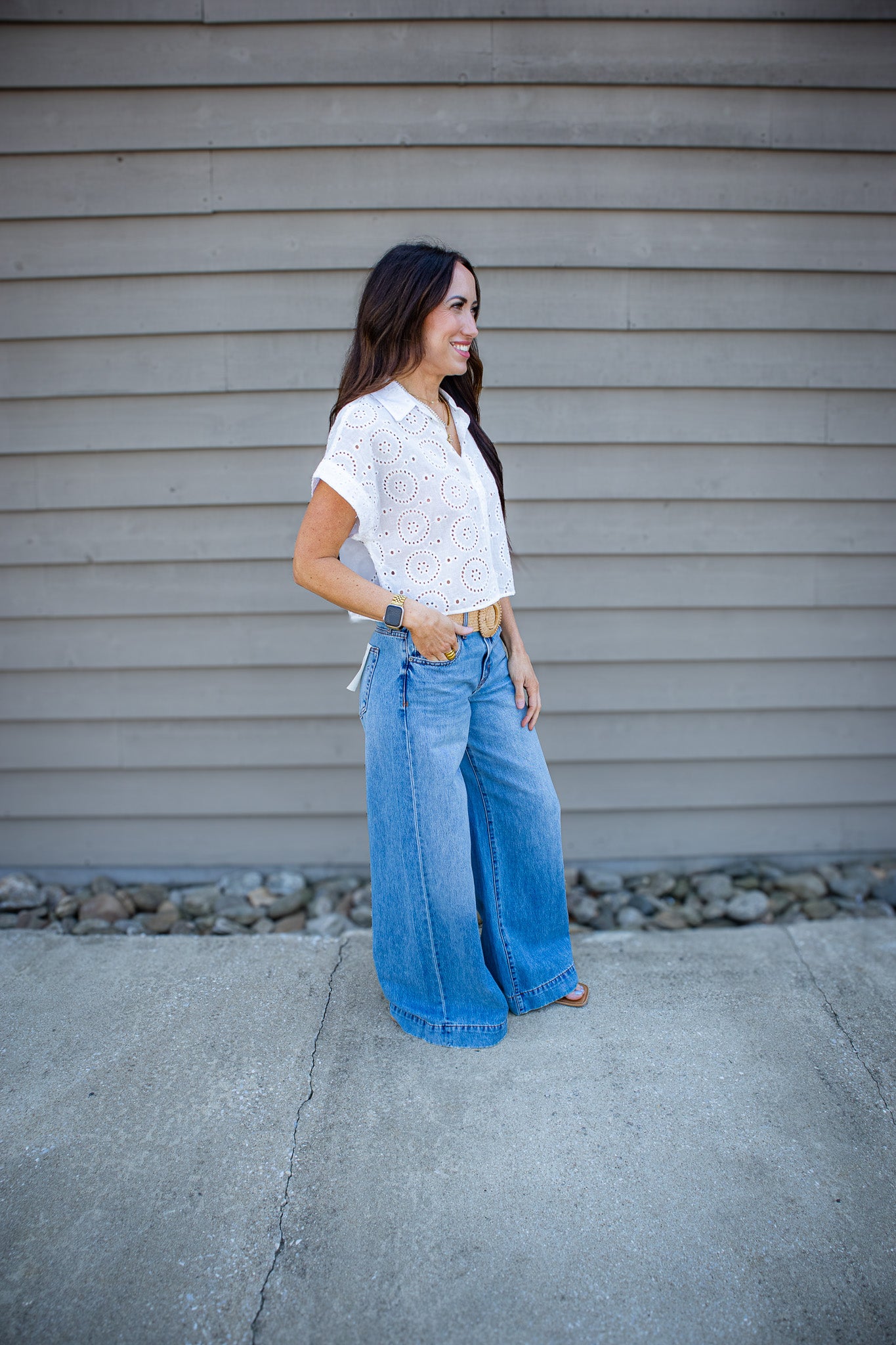 White Eyelet Button Down Top