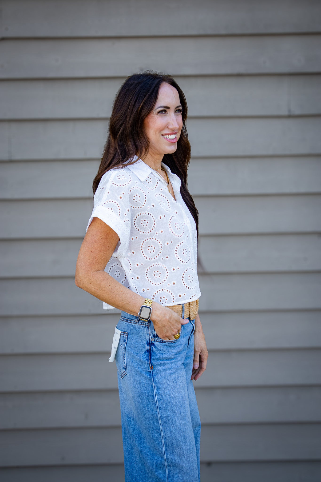 White Eyelet Button Down Top