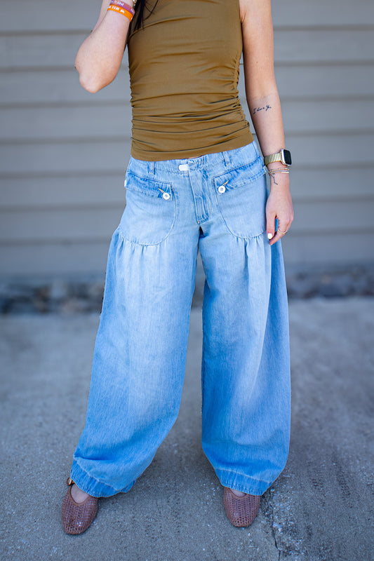 High rise light wash wide leg jeans with oversized front pockets and flowy fit styled with olive fitted tank and neutral woven flats