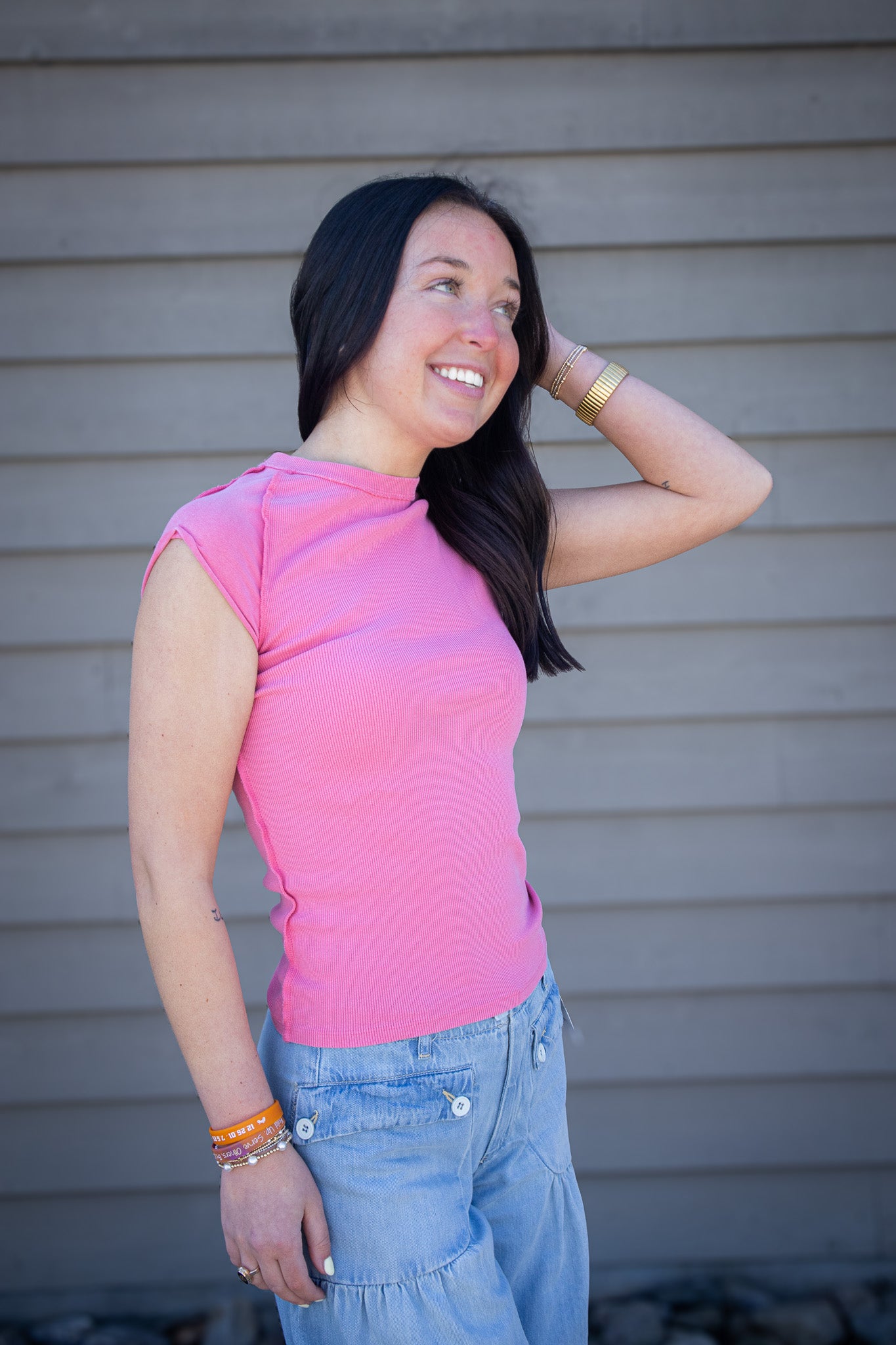 Free People - Ever Had Ribbed Cap Sleeve Tee - STRAWBERRY RHUBARB
