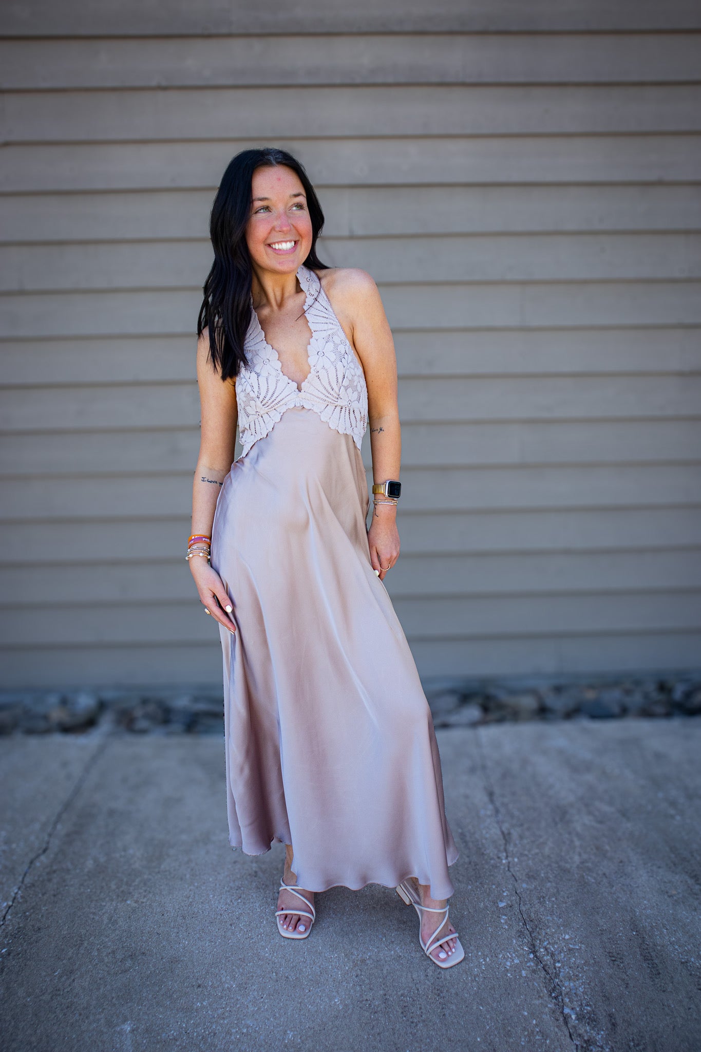 Free People - Petal Party Lace & Satin Halter Midi Slip Dress - Mushroom