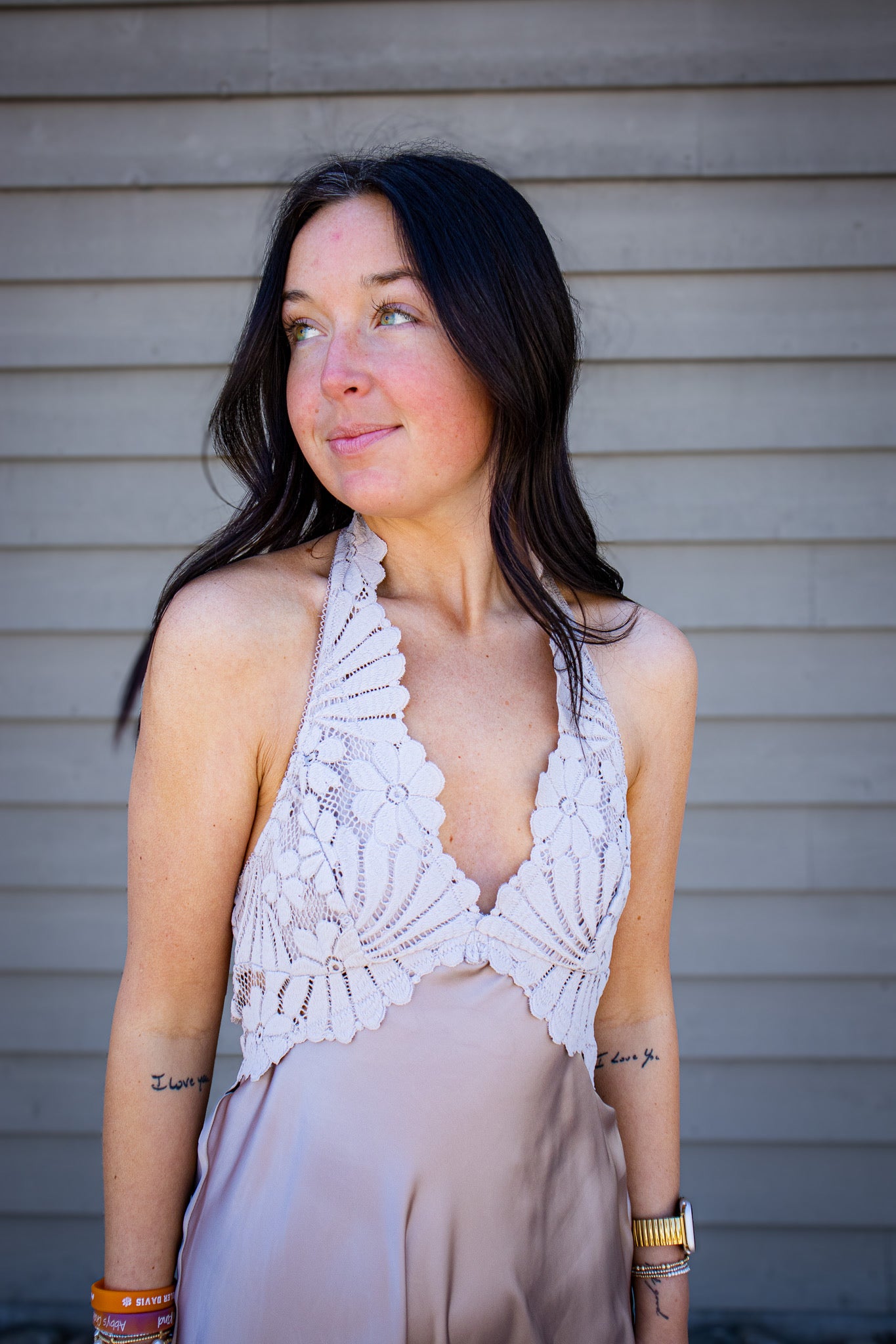 Free People - Petal Party Lace & Satin Halter Midi Slip Dress - MUSHROOM