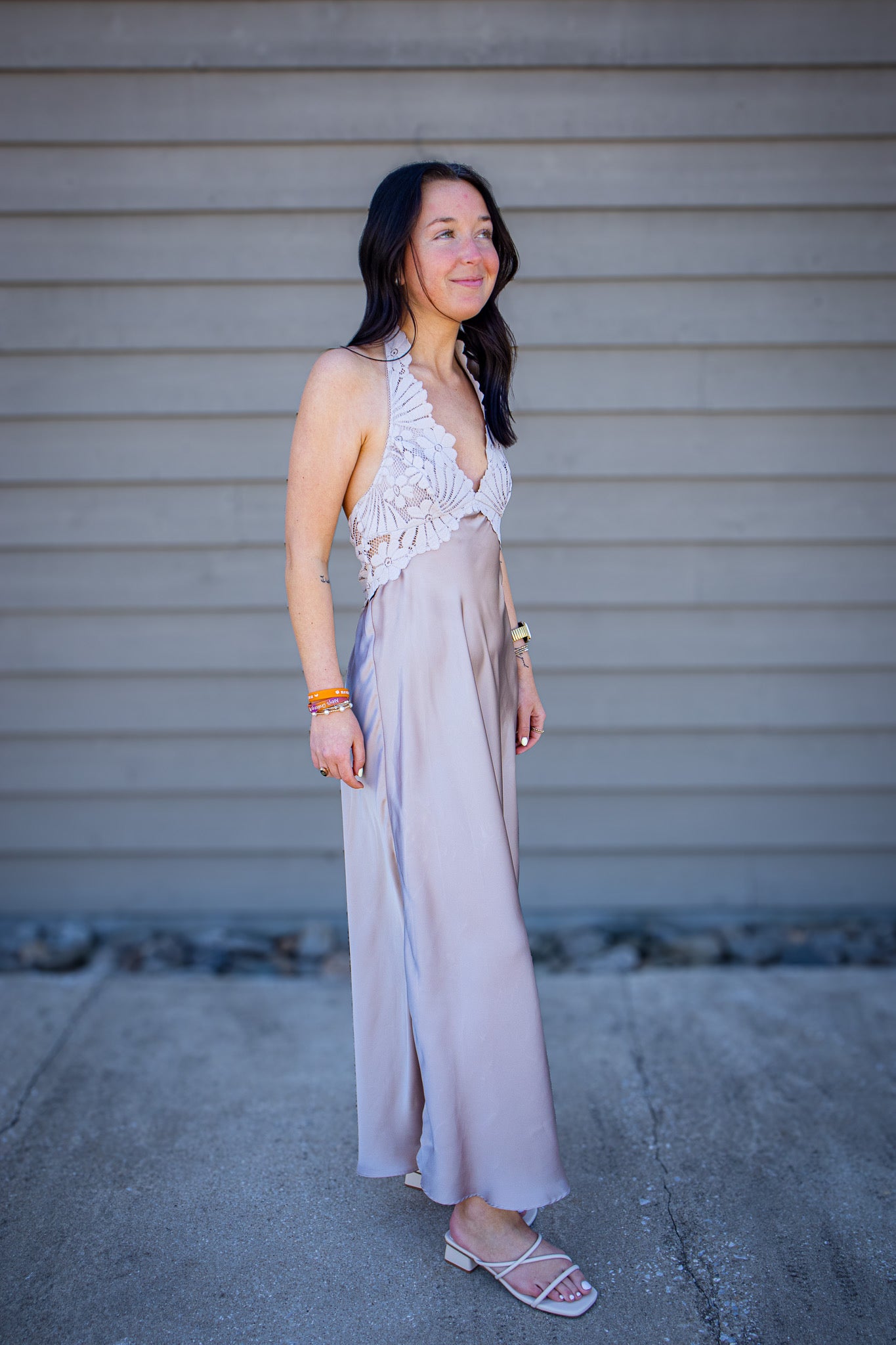 Free People - Petal Party Lace & Satin Halter Midi Slip Dress - Mushroom